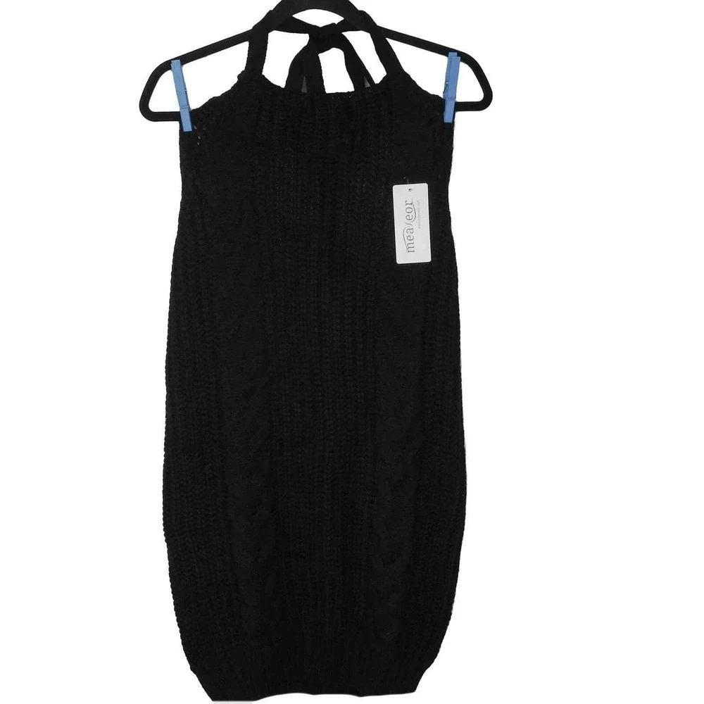 Measeor Sweater Dress Medium Black Halter Neck Tie Low Back Cable Knit NWT